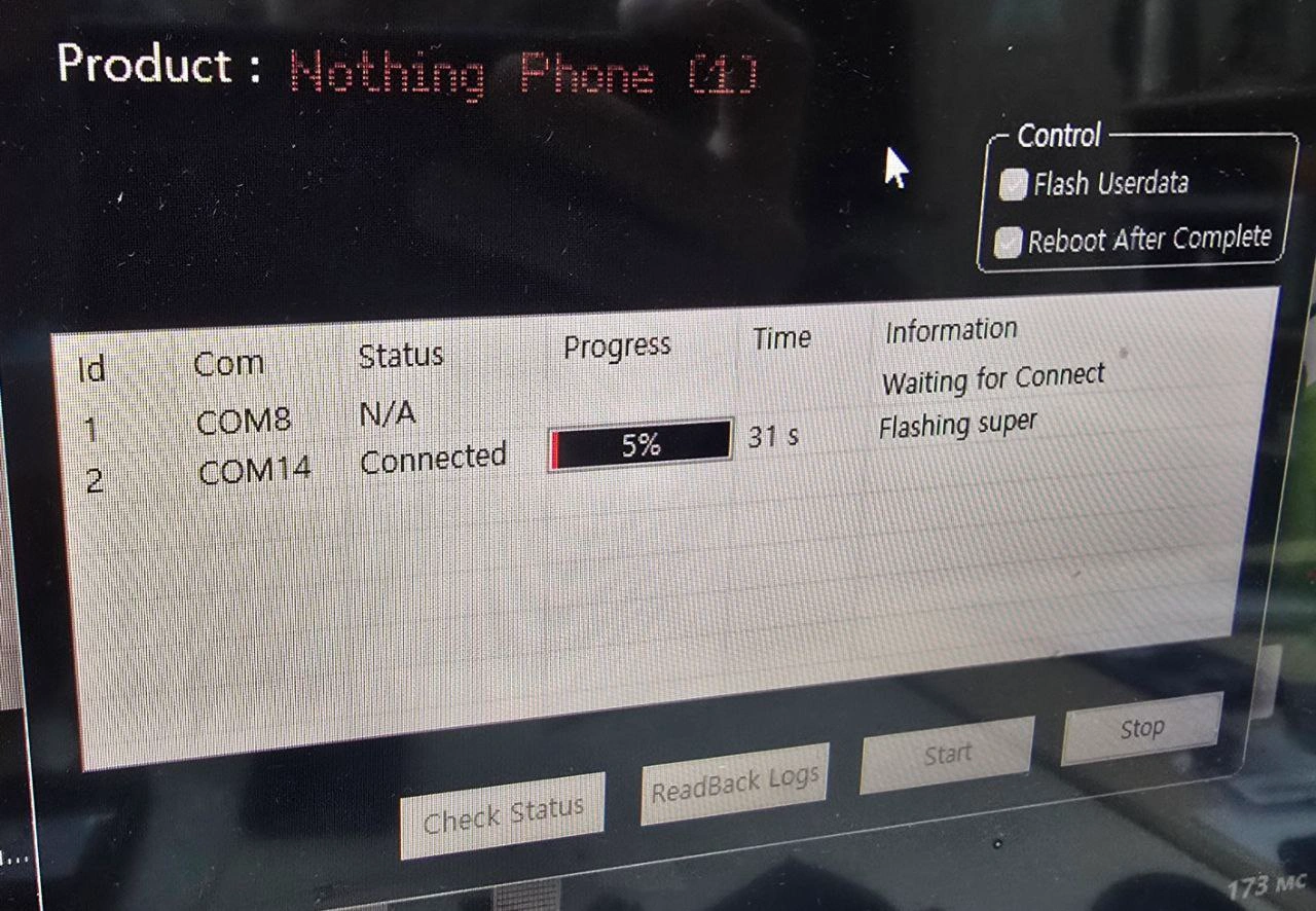Начало прошивки Nothing Phone 1 через EDL